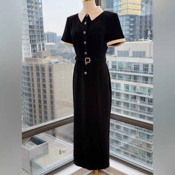 🆕 SELF-PORTRAIT 🧿 Black Belted White Crepe Contrast Midi Dress, Sz UK 10 US 6 - Picture 4 of 16